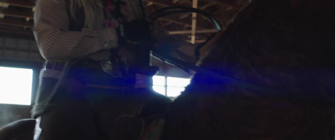 Cowgirl riding a horse inside a stable