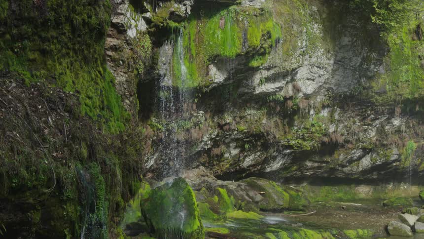 Slow motion tilt down of water streaming out of a cliff face covered in moss crashing on the rocks below