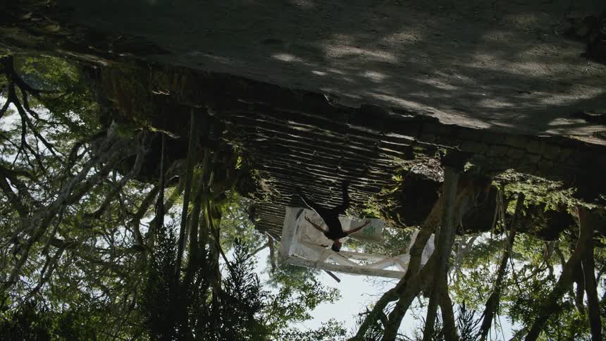 Man dances outdoors under the trees