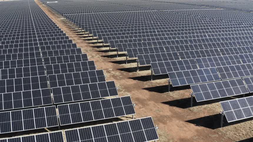 Hundreds of solar panels sit in rows