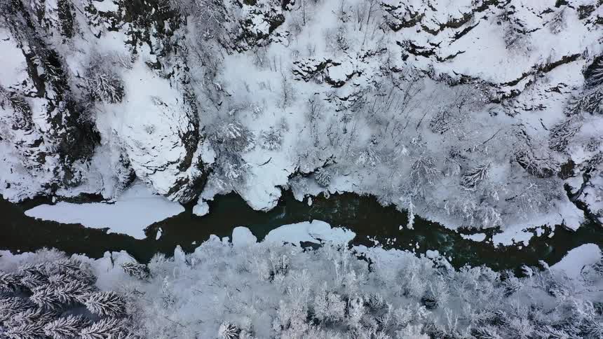 A view of a river between snowy mountains