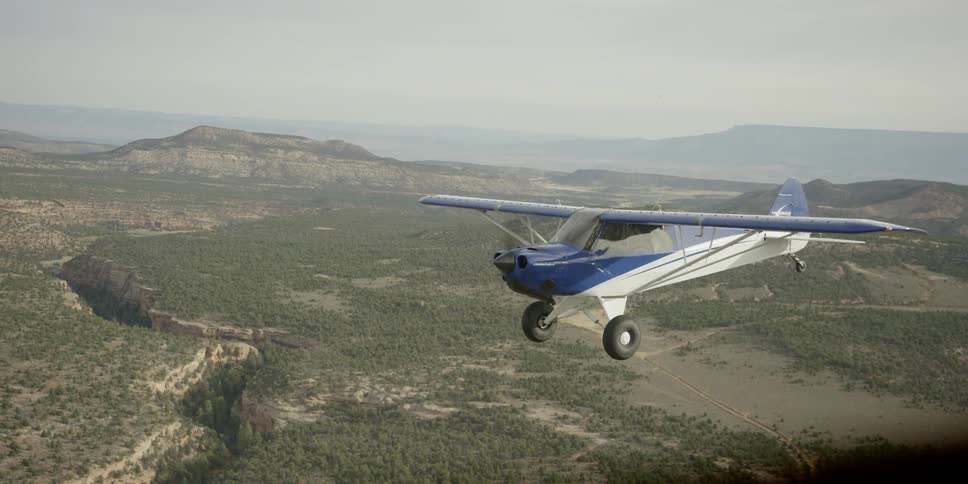A blue and white plane flies through the air