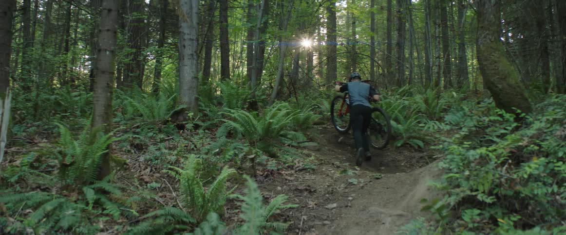A man pushes his bike up a hill in a forest