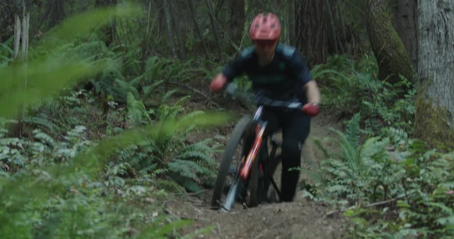 Man riding a mountain bike on a windy trail through the forest