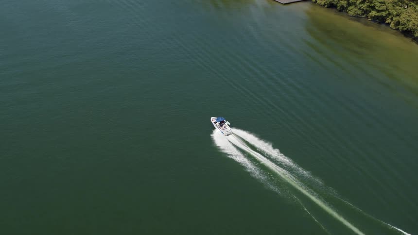 Speedboat moves along water paralleling tree covered shore leaving wake