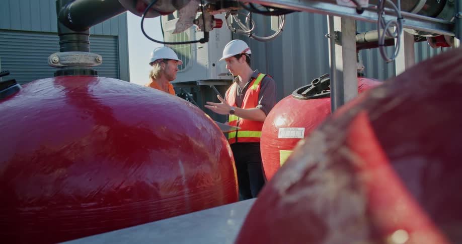 Two men stand at a plant and point at equipment as they talk