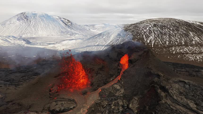 Lava flows as a volcano erupts