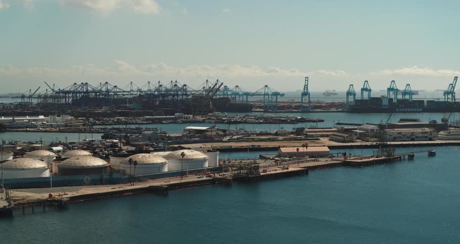 An aerial view of shipping containers on a dock