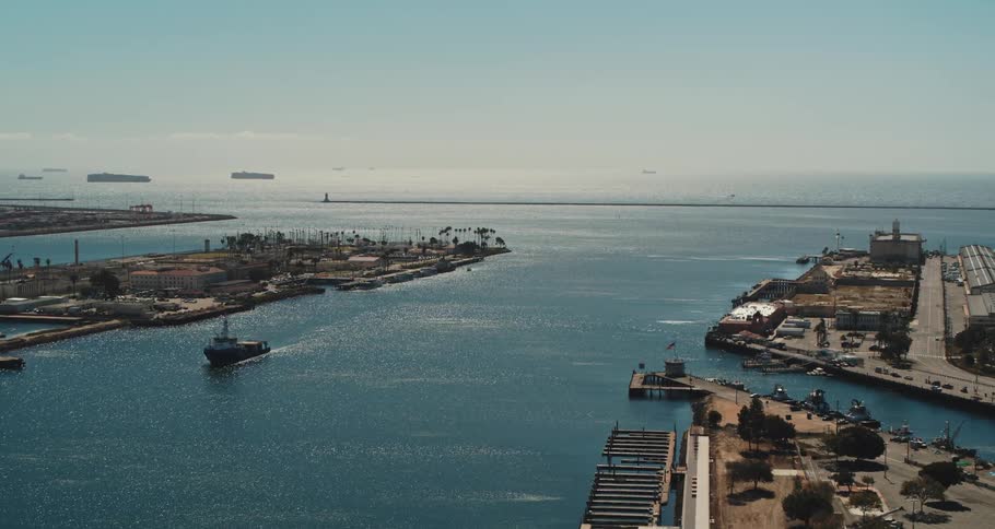 An aerial view of a port in a city