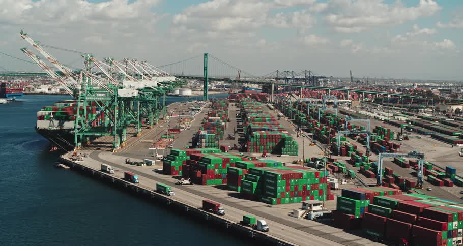 Aerial view shipping containers docked on a container yard