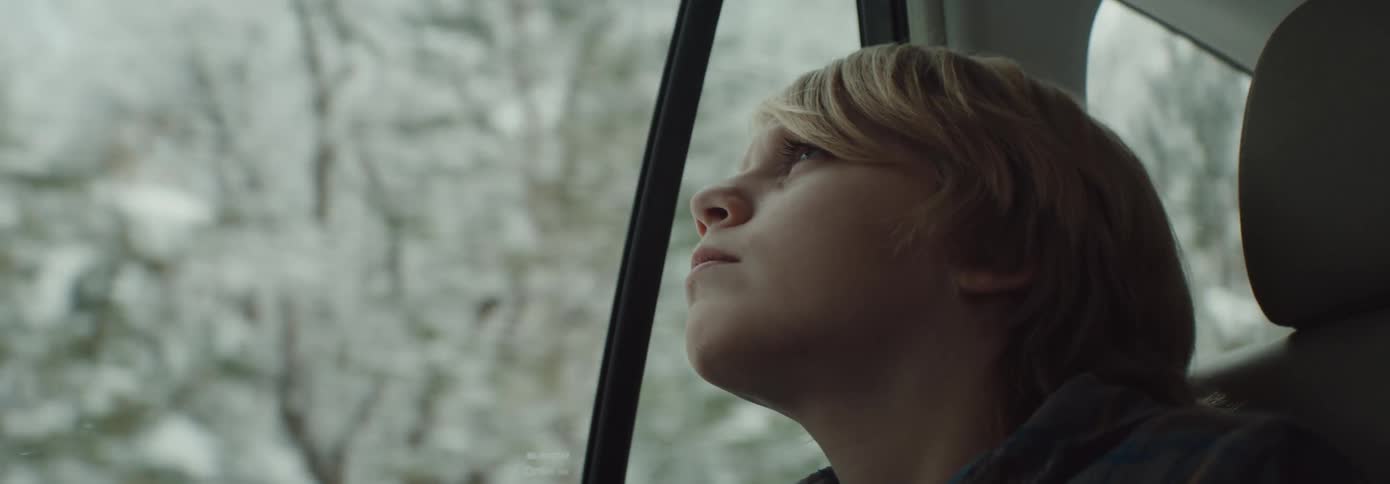 Side view of blonde boy looking out window of moving car through snowy forest