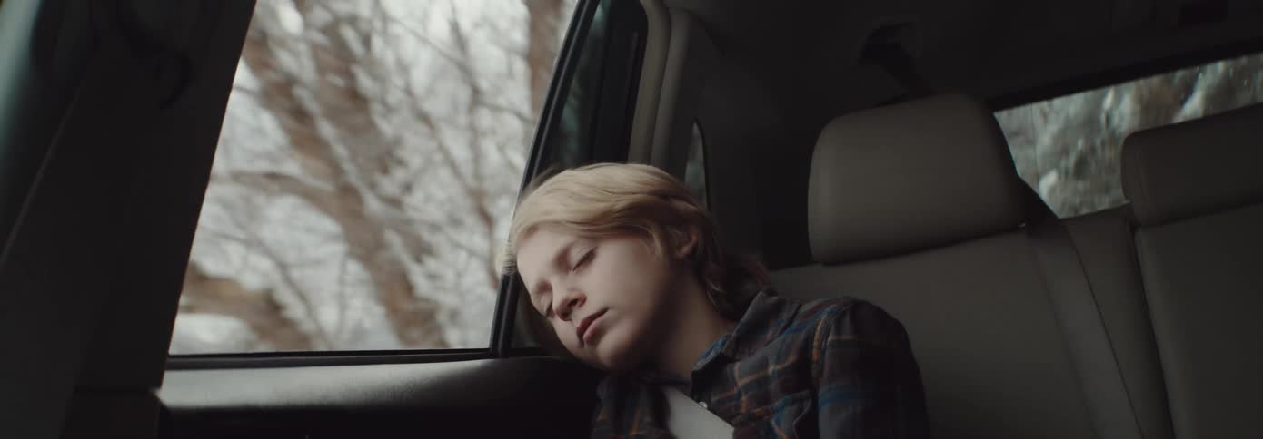 A young boy sleeps in a car