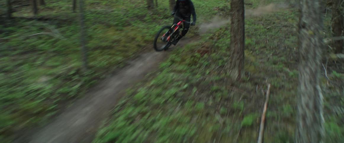 A person with a helmet riding a mountain bike at high speed down a forest trail