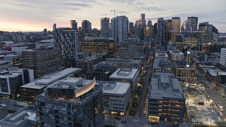 Pullback reveal of condos and new tech buildings in the South Lake Union neighborhood