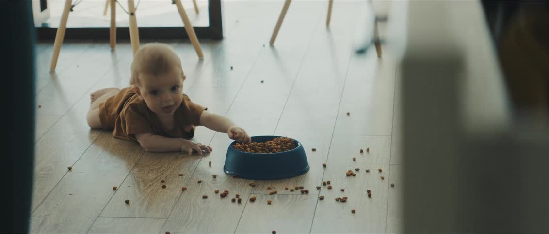 A baby on the floor taking food from a dog bowl and putting it in his mouth as a woman runs and grabs him up
