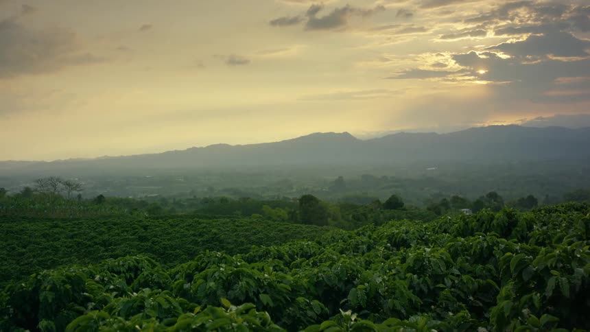 Sun glows behind clouds onto a lush green landscape