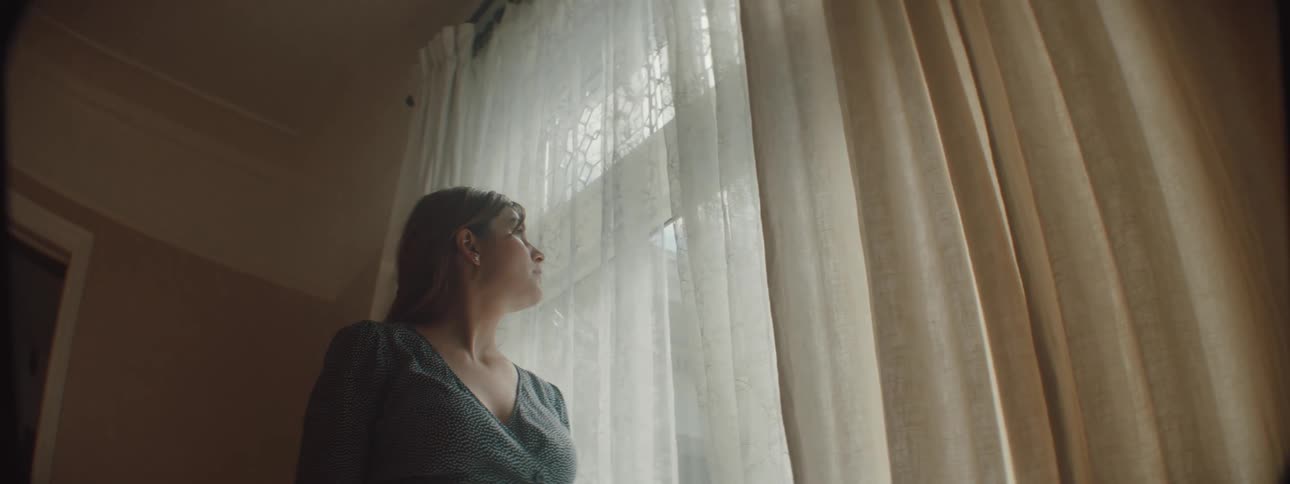 Woman with brown hair and blue dress walks past the window in the living room