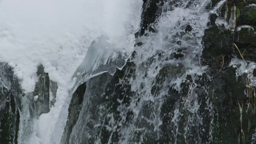 Slow motion static shot of water casacding down rocks with icicles all around in the middle of winter