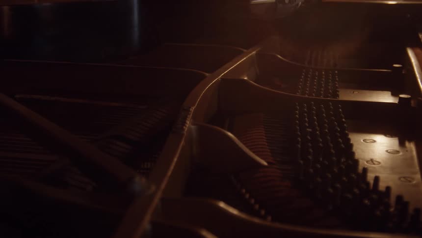 A view of a soundboard in a piano