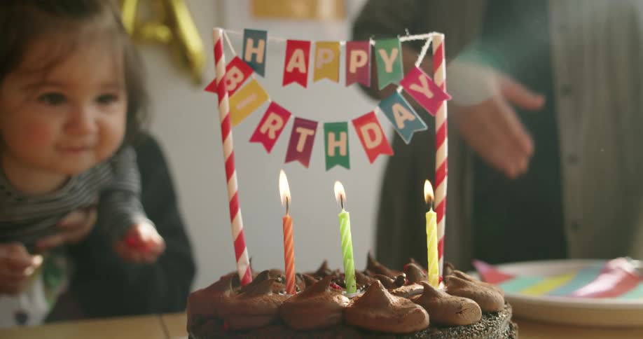 A baby is going to the candles out on her birthday cake