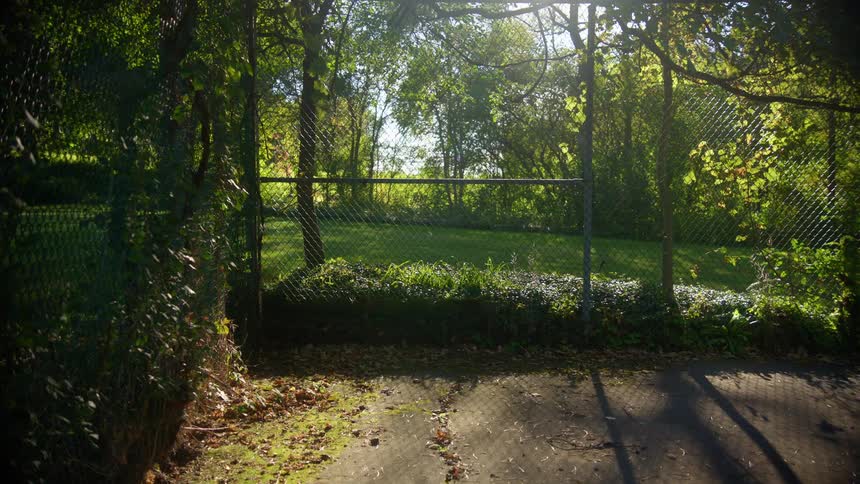 A brick patio is separated from a lush green lawn by a chain link fence