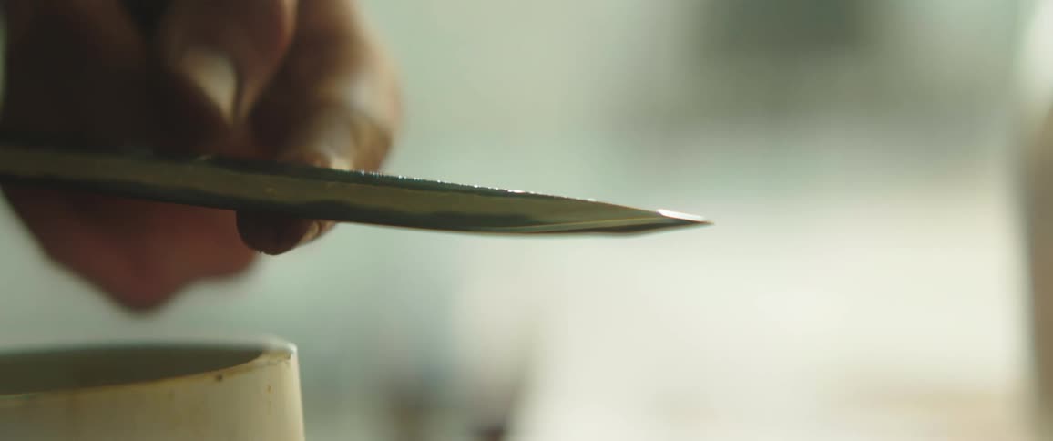 A person is holding a large knife