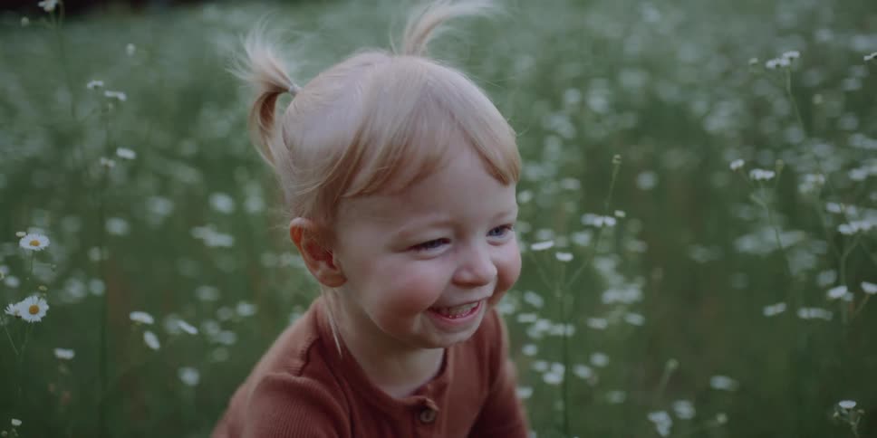 A girl laughs in the field full of flowers