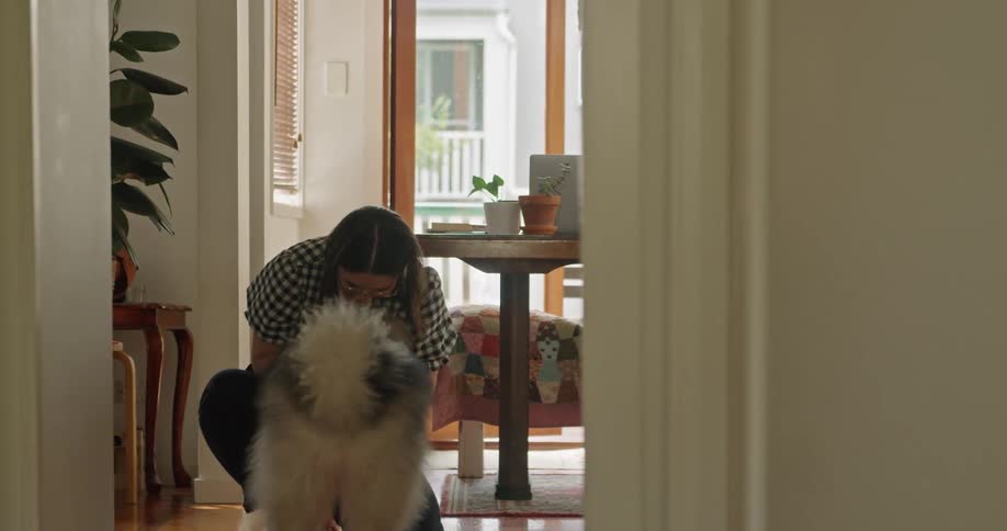 Woman greets and hugs her pet dog at home