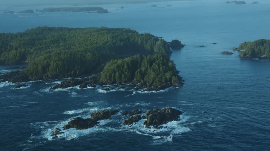 A coast with water and waves with islands with trees