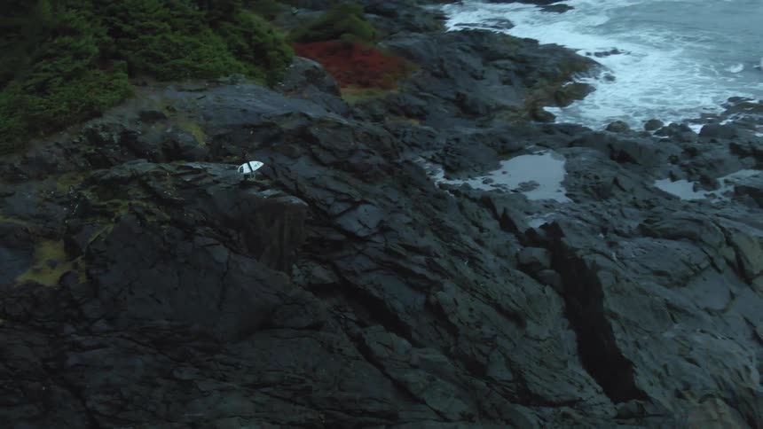 Young man holding a surfboard standing on a rock promontory in front of the coast