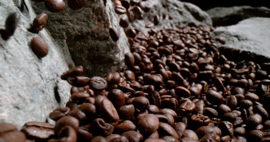 Coffee beans tumble down the rocks