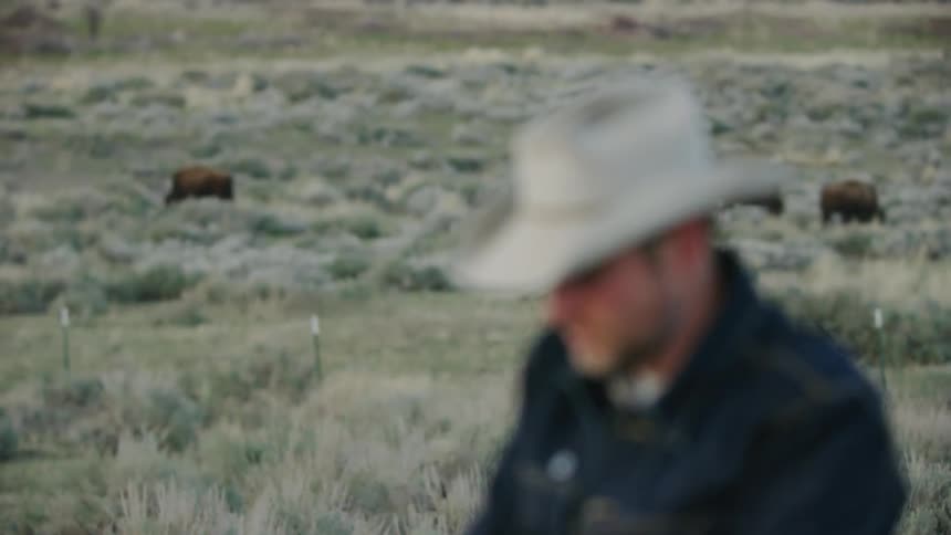 A contemplative cowboy outside on a ranch with bison in the background, the focus changes from the cowboy to the bison behind him