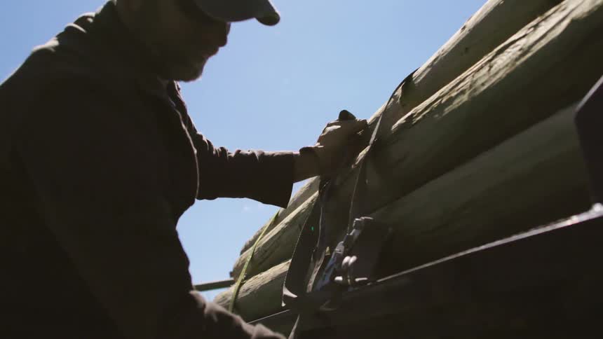 A ranch hand unties a large load of fence posts as he prepares for work in rural Montana