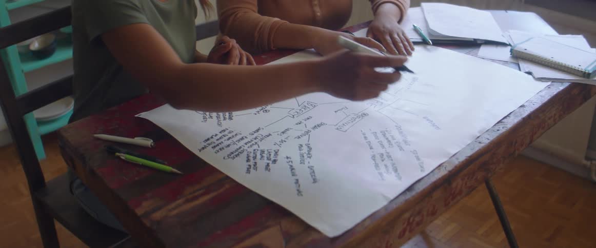 Two women sit at a small table writing on a large piece of paper