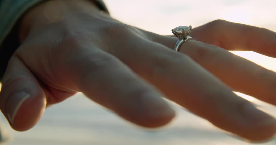 Diamond engagement ring being displayed on a womans finger