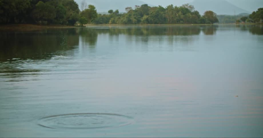 A stone skipping across water on a river