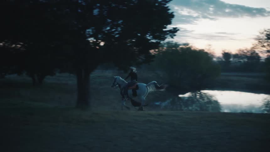 Woman riding a horse followed by a black dog in a ranch at sunset
