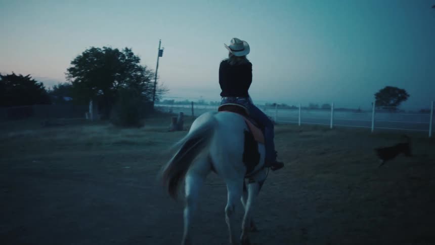 Blonde woman rides horse in fenced yard near house as dog runs along