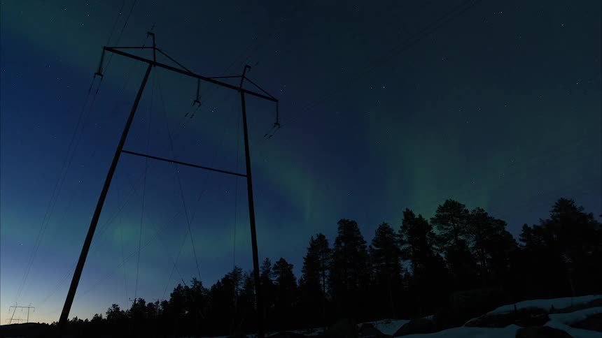 Green northern lights glow and dance in the sky above power lines and trees