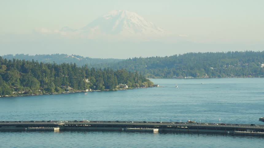 Vehicles pass over a long bridge spans a large waterway that is lined with forests
