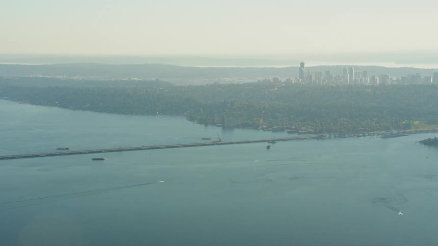 An aerial view of boats in the water with a city skyline in the background
