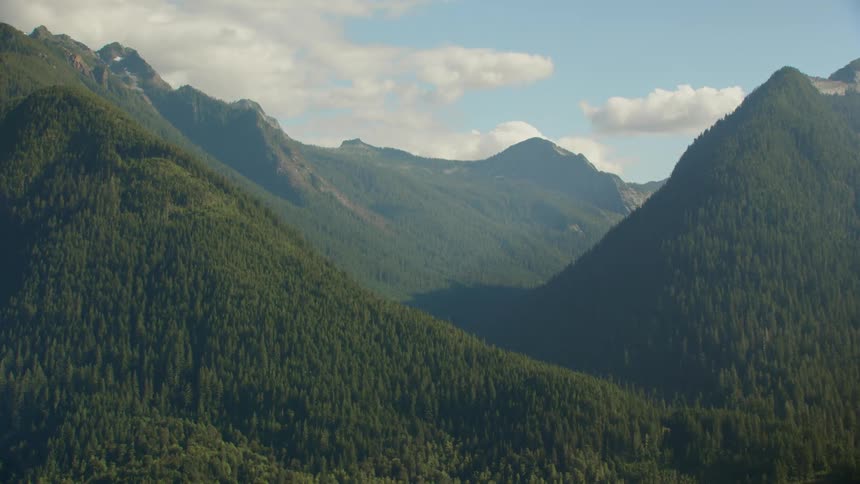 The mountains are covered with fog