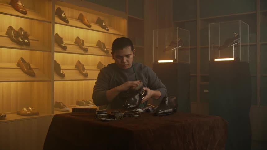 Cordwainer polishing a leather shoe in a store