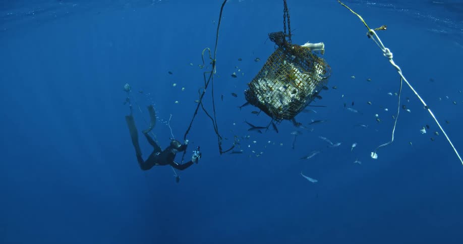 A shark swims around scuba divers in the ocean