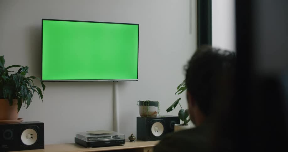 Man sits in living room viewing screen mounted on wall over speakers and record player