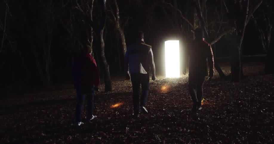 Three men wearing cold weather gear walk through woods at night with flashlights approaching glowing object