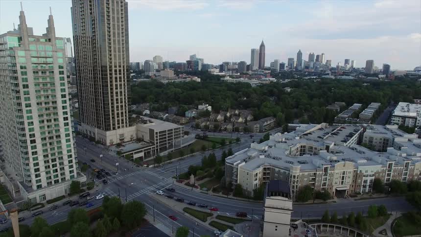 Moving over a city on a cloudy day