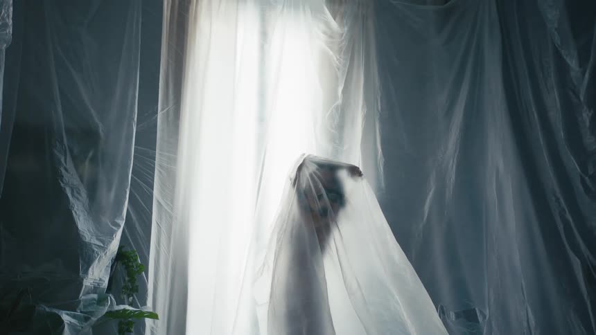 The silhouette of a woman dancing seductively behind a plastic sheet