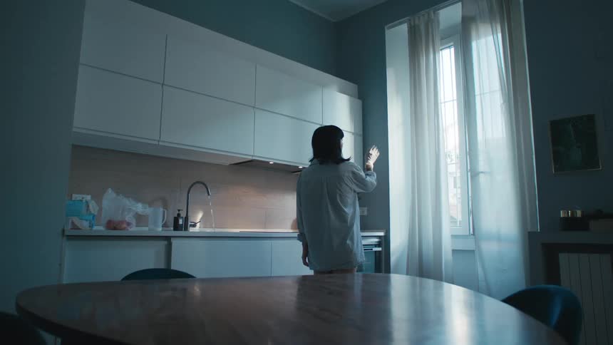 A woman stands in a kitchen and holds her hand up to the sunbeam coming in through a window and looks at it