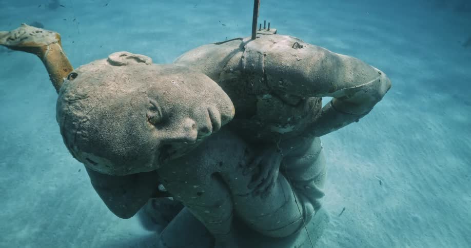 A statue is underwater on a sunny day